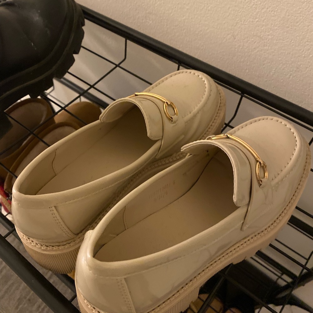 Beige Patent Faux Leather Loafers with Gold Accent